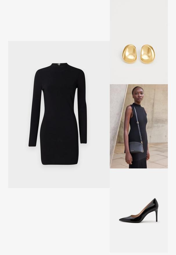 Schwarzes Langarmkleid mit taillierter Silhouette, hohem Kragen und einem Reißverschluss auf der Rückseite. Sanfte Textur und elastischer Stoff. Keine Muster oder Akzente.; Schwarzer Lackleder-Pumps mit hohem Absatz, spitzer Schuhspitze und Stilettabsatz, seitlich auf einem schlichten weißen Hintergrund dargestellt.; Junge Frau in einem ärmellosen schwarzen Kleid, die eine schwarze Leder-Umhängetasche trägt, steht vor einem hellen Betonwand-Hintergrund.; Goldfarbene Ohrstecker mit einer glatten, runden Form und einer reflektierenden Oberfläche, die ein minimalistisches Design ohne sichtbare Muster zeigen.