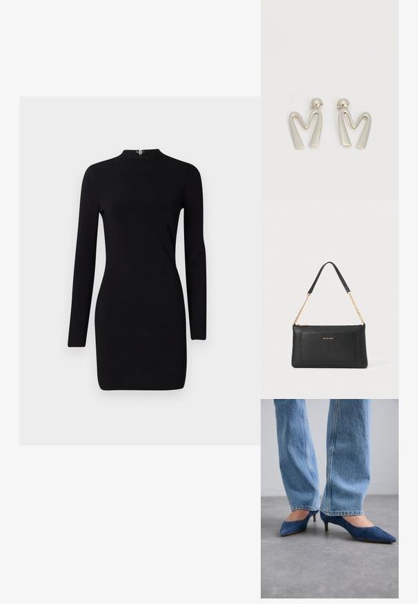 Schwarzes Langarmkleid mit taillierter Silhouette, hohem Kragen und einem Reißverschluss auf der Rückseite. Sanfte Textur und elastischer Stoff. Keine Muster oder Akzente.; Blaue Wildleder-Kitten-Heels mit spitzen Zehen und niedrigem Absatz, kombiniert mit hellblauen Jeans aus Denim mit geradem Bein.; Schwarze Ledertasche mit einer Kieseloberfläche, goldener Kettenriemen und einer Fronttasche. Auf der Vorderseite befindet sich ein goldenes Logo.; Paar silberfarbene Metallohrringe in Form des kantigen Buchstabens M mit abgerundeten Stegen auf weißem Hintergrund.