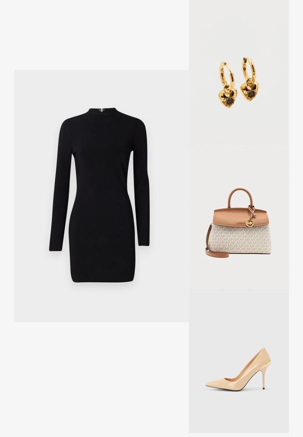 Schwarzes Langarmkleid mit taillierter Silhouette, hohem Kragen und einem Reißverschluss auf der Rückseite. Sanfte Textur und elastischer Stoff. Keine Muster oder Akzente.; Beiger High-Heel-Pumps aus lackiertem Leder mit spitzer Zehenpartie und schlankem Stiletto-Absatz, mit einem kleinen goldenen Akzent an der Rückseite.; Beige-braune Michael Kors Handtasche mit Tragegriff oben, Frontklappe, Logomarke und verstellbarem Schulterriemen vor hellem Hintergrund.; Goldene Creolen mit herzförmigen Anhängern. Jedes Herz hat eine strukturierte Oberfläche und einen zentralen schwarzen Edelstein in einer Krappenfassung.