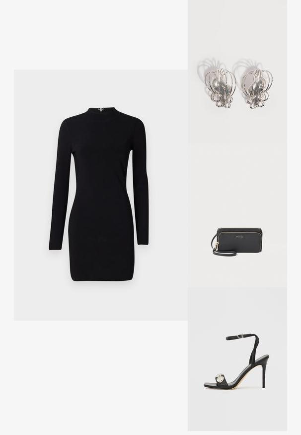 Schwarzes Langarmkleid mit taillierter Silhouette, hohem Kragen und einem Reißverschluss auf der Rückseite. Sanfte Textur und elastischer Stoff. Keine Muster oder Akzente.; Schwarze hochhackige Sandale mit Knöchelriemen, ausgestattet mit glattem Lederobermaterial, quadratischer Zehenpartie und zwei runden Metallakzenten.; Schwarze Leder-Reißverschluss-Geldbörse mit strukturiertem Finish, goldenen Hardware-Akzenten und einem abnehmbaren Handgelenkriemen. Verfügt über zwei Fächer und genähte Details.; Paar silberne Metallohrstecker mit offenem Drahtkäfig-Design und glatten zentralen ovalen Formen, die geschwungene Schatten auf einem weißen Hintergrund werfen.