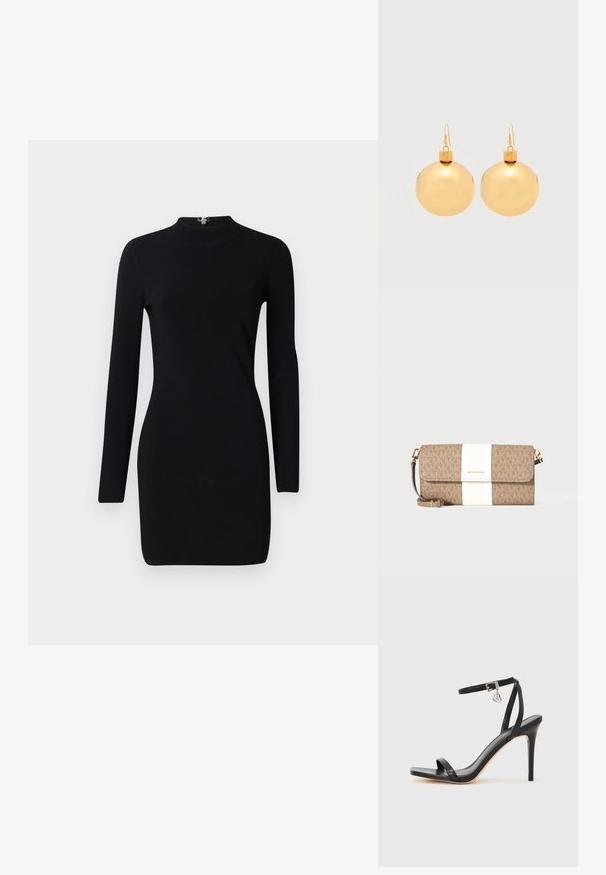Schwarzes Langarmkleid mit taillierter Silhouette, hohem Kragen und einem Reißverschluss auf der Rückseite. Sanfte Textur und elastischer Stoff. Keine Muster oder Akzente.; Schwarze High-Heel-Sandale mit schmalem Knöchelriemen, quadratischer Zehenbox, glattem Leder und metallischem Schnallenakzent.; Braune und beige Michael Kors Clutch mit weißem vertikalem Streifen, goldenem Logo und abnehmbarem Handgelenksriemen vor einfachem Hintergrund.; Paar glänzende goldene Weihnachtskugel-Ohrringe mit Hakenverschlüssen auf einfachem weißem Hintergrund.