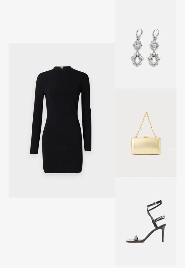 Schwarzes Langarmkleid mit taillierter Silhouette, hohem Kragen und einem Reißverschluss auf der Rückseite. Sanfte Textur und elastischer Stoff. Keine Muster oder Akzente.; Schwarze Sandalette mit hohem Absatz, schlankem Knöchelriemen, Mittelriemen verziert mit silbernen Kettengliedern und offenem Zehendesign.; Rechteckige goldene Clutch mit glänzender Oberfläche, Metallverschluss und kurzem goldenen Kettenhenkel vor hellem, einfarbigem Hintergrund.; Silberfarbene Ohrringe mit mehreren klaren Kristallgemmen in Tropfen- und Marquiseformen, mit Klappverschluss und kunstvollen Details.