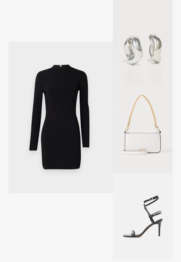 Schwarzes Langarmkleid mit taillierter Silhouette, hohem Kragen und einem Reißverschluss auf der Rückseite. Sanfte Textur und elastischer Stoff. Keine Muster oder Akzente.; Schwarze Sandalette mit hohem Absatz, schlankem Knöchelriemen, Mittelriemen verziert mit silbernen Kettengliedern und offenem Zehendesign.; Weiße rechteckige Ledertasche mit dünnem schwarzen Rand, goldenem Kettenhenkel und kleinem goldenem Logo in der vorderen Mitte.; Silberne skulpturale Ohrringe mit glatten, geschwungenen Formen und reflektierenden Oberflächen. Sie verfügen über ein geschlossenes Ringdesign und eine ausgeprägte organische Form.