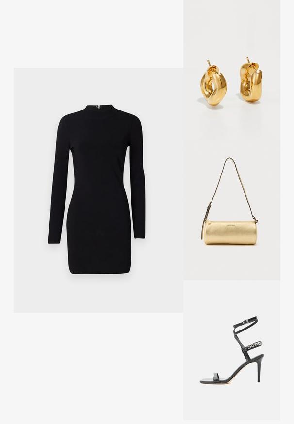 Schwarzes Langarmkleid mit taillierter Silhouette, hohem Kragen und einem Reißverschluss auf der Rückseite. Sanfte Textur und elastischer Stoff. Keine Muster oder Akzente.; Schwarze Sandalette mit hohem Absatz, schlankem Knöchelriemen, Mittelriemen verziert mit silbernen Kettengliedern und offenem Zehendesign.; Goldfarbene zylindrische Leder-Schultertasche mit verstellbarem Riemen und Reißverschluss, Michael Kors Logo mittig auf der Vorderseite.; Fette goldene Creolen mit einem leicht verdrehten, röhrenförmigen Design und Steckverschlüssen auf einem weißen Hintergrund.