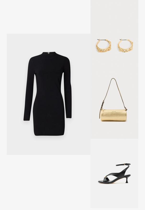 Vestido negro de manga larga con silueta ajustada, cuello alto y cierre con cremallera en la parte trasera. Textura suave y tejido elástico. Sin patrones ni adornos.; Sandalia negra de cuero para mujer con tacón bajo curvado, tiras cruzadas y correa ajustable en el tobillo con pequeña hebilla dorada.; Bolso de hombro cilíndrico de cuero dorado con correa ajustable y cierre de cremallera, con el logo de Michael Kors centrado en el frente.; Par de pendientes de aro en tono dorado con grabados ornamentales de flores y hojas sobre un fondo neutro.
