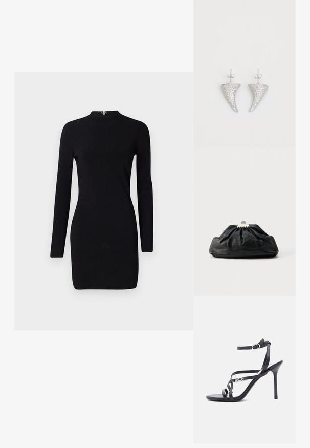 Schwarzes Langarmkleid mit taillierter Silhouette, hohem Kragen und einem Reißverschluss auf der Rückseite. Sanfte Textur und elastischer Stoff. Keine Muster oder Akzente.; Schwarze Sandalette mit hohem Absatz, dünnen Riemen, einem Schnallenverschluss am Knöchel und einem Metall-Logodetail am seitlichen Riemen, vor weißem Hintergrund.; Schwarze Leder-Clutch mit geraffter Textur, Metallverschluss und dezentem, auf der Vorderseite geprägtem Logo. Abgerundete Form.; Silberne, hornförmige Ohrringe, besetzt mit kleinen klaren Steinen, mit einem Steckverschluss zur Befestigung. Glatte Textur und metallisches Finish.