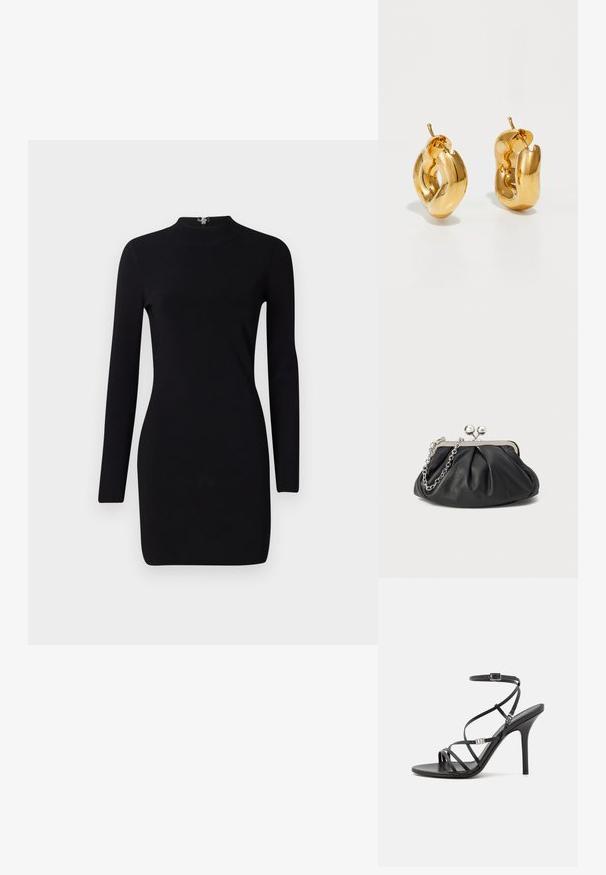 Vestido negro de manga larga con silueta ajustada, cuello alto y cierre con cremallera en la parte trasera. Textura suave y tejido elástico. Sin patrones ni adornos.; Sándalo negro de tacón alto con tiras finas, hebilla en el tobillo, superficie de cuero suave y tacón de aguja esbelto.; Clutch de cuero negro con textura arrugada, marco de metal en tono plateado, cierre de beso y cadena para colgar. Superficie suave y lisa.; Pendientes de aro grueso en oro con un diseño tubular ligeramente retorcido y cierre de presión, sobre un fondo blanco.