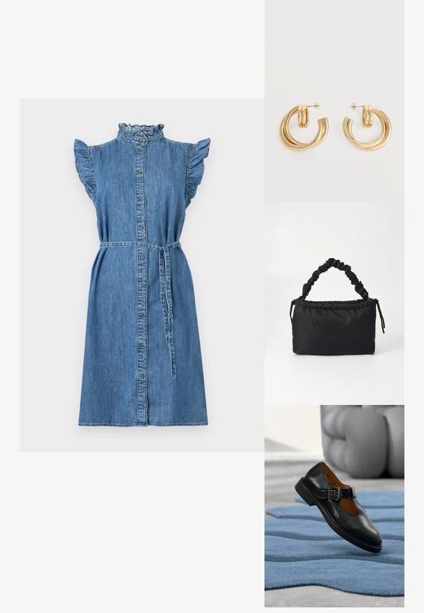Denimkjole med høj hals, flagrende ærmer, knaplukning foran, bæltestropp i taljen og knælangt design i lys blå. Tekstureret, afslappet stof.; Sort læder Mary Jane-sko med spænde, svævende over et blåt struktureret tæppe med en sløret skulptur i baggrunden.; Sort taske lavet af blødt, glat stof. Har et sammensnoet håndtag og en snørrelukning, med en rektangulær form og ingen synlig hardware.; Par af skinnende gyldne dobbelt loop øreringe med stift-lukning på hvid baggrund.