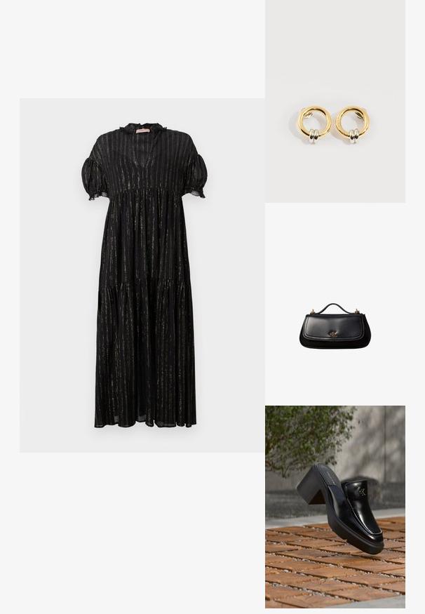 Vestido negro con mangas cortas abullonadas, escote en V y diseño en capas. Presenta rayas doradas verticales y detalles de encaje a lo largo del escote.; Mule tipo slip-on de cuero negro de Calvin Klein con tacón de bloque descansando sobre baldosas de madera al aire libre cerca de una planta verde y una pared gris.; Bolso de mano negro de piel con un asa pequeña, logo "cK" en tono dorado en la solapa frontal y detalles de herrajes dorados.; Pendientes circulares de oro con dos pequeños anillos de plata en cada uno, que muestran detalles sutiles del nombre de la marca grabado, colocados sobre un fondo blanco.