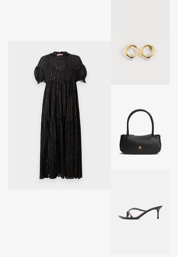Vestido negro con mangas cortas abullonadas, escote en V y diseño en capas. Presenta rayas doradas verticales y detalles de encaje a lo largo del escote.; Sandalia de tacón de charol negro con tiras finas cruzadas y un tacón de aguja delgado de altura media, sobre un fondo blanco.; Bolso de mano de cuero negro con asas dobles redondeadas, cremallera dorada y pequeño logo dorado entrelazado en el centro delantero.; Pendientes circulares de oro con dos pequeños anillos de plata en cada uno, que muestran detalles sutiles del nombre de la marca grabado, colocados sobre un fondo blanco.