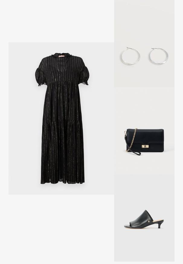 Vestido negro con mangas cortas abullonadas, escote en V y diseño en capas. Presenta rayas doradas verticales y detalles de encaje a lo largo del escote.; Mules de cuero negro de punta abierta con un tacón bajo. Presentan una superficie lisa y un acento del logo dorado en el costado.; Bolso de mano de cuero negro con un cierre y cadena en tono dorado. Diseño compacto con una textura suave y un detalle mínimo.; Pendientes de aro de metal plateado con superficie lisa y ligeramente curvada y cierre de tipo mosquetón sobre un fondo blanco liso.