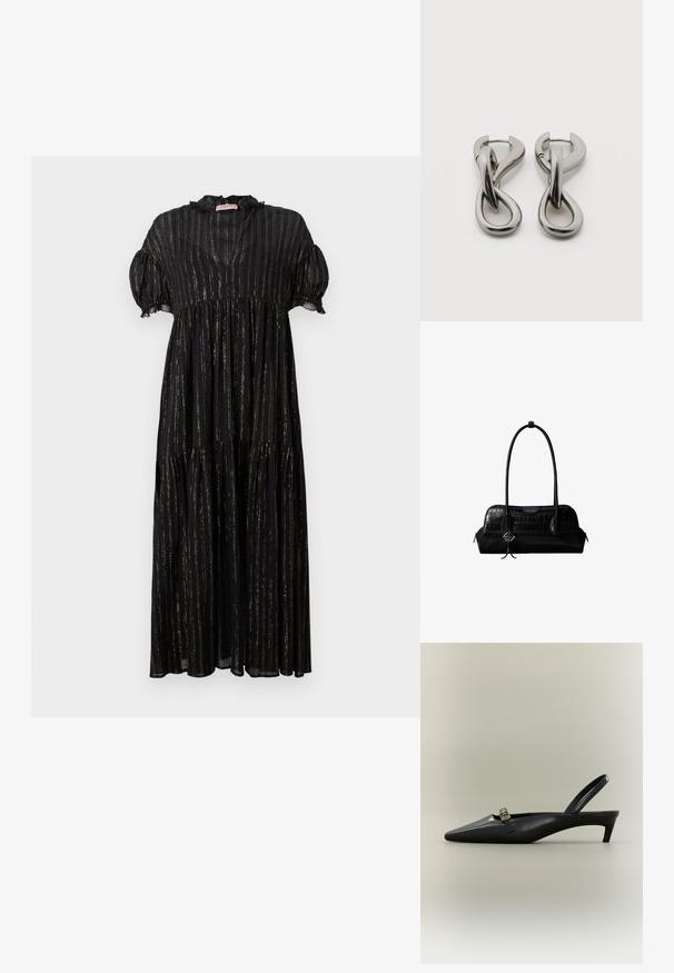 Sort kjole med korte puffærmer, V-udskæring og lagdelt design. Har lodrette guldstriber og blondeapplikationer langs udskæringen.; Sort læder slingback med kitten heel, spids tå og lille guldfarvet spænde på en ensfarvet baggrund.; Sort skuldertaske i krokodillelæder med lange stropper og lille sølvlogo-charm på den ene strop.; Par af sølvtonede metale øreringe med abstrakt sammenflettet løbedesign på hvid baggrund.