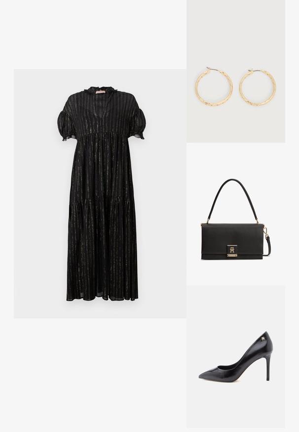 Robe noire avec des manches bouffantes courtes, un col en V et un design à volants. Présente des rayures verticales dorées et des accents en dentelle le long de l'encolure.; Escarpin en cuir noir à talon haut avec un bout pointu, présentant un design ajouré et un petit logo doré sur le talon.; Sac à main en cuir noir texturé avec une poignée supérieure, un fermoir doré présentant un logo TH entrelacé, et une bandoulière détachable.; Paire de boucles d'oreilles créoles texturées en ton or avec tiges fines sur fond blanc.