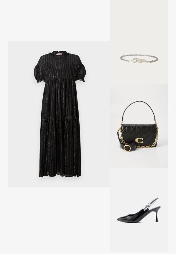 Schwarzes Kleid mit kurzen Puffärmeln, einem V-Ausschnitt und einem gestuften Design. Verfügt über vertikale goldene Streifen und Spitzenakzente entlang des Ausschnitts.; Schwarze Lackleder-Slingback-Pumps mit spitzer Zehe, gemäßertem Absatz und einem Riemen, der am Rand mit auffälliger weißer Markenbeschriftung versehen ist.; Schwarze Lederhandtasche mit gestepptem Design, einer goldenen Kettenriemen und einem auffälligen goldenen Verschluss. Verfügt über einen abnehmbaren Lederriemen für Vielseitigkeit.; Silberne Kettenarmband mit einer "Tommy Jeans"-Inschrift in kursiver Schrift. Die Glieder sind rund und miteinander verbunden, mit einer glatten Textur.