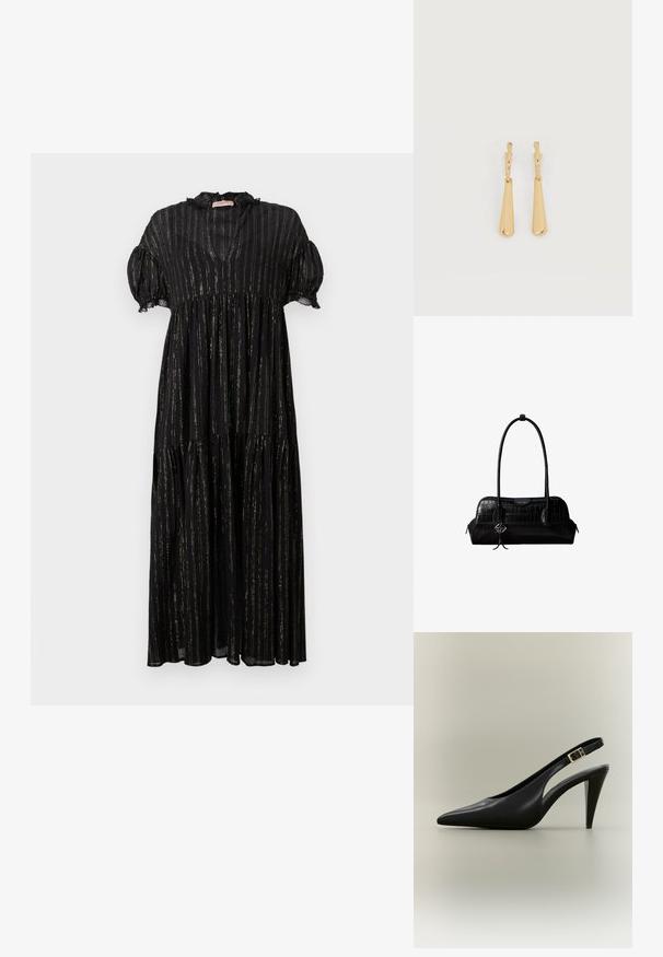 Robe noire avec des manches bouffantes courtes, un col en V et un design à volants. Présente des rayures verticales dorées et des accents en dentelle le long de l'encolure.; Escarpin à bride arrière en cuir noir avec bout pointu, boucle dorée et talon effilé sur un fond neutre.; Sac à épaule en cuir noir à texture crocodile, avec de longues sangles et un petit charm logo argenté sur une sangle.; Boucles d'oreilles pendantes en ton or avec des pendentifs lisses en forme de goutte allongée suspendus à de petites attaches en forme d'anneau sur un fond blanc.