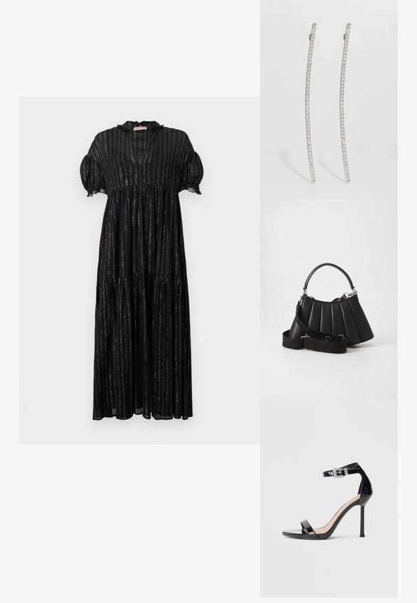 Sort kjole med korte puffærmer, V-udskæring og lagdelt design. Har lodrette guldstriber og blondeapplikationer langs udskæringen.; Sort højhælet sandal i laklæder med ankelrem. Har minimalistisk design, åben tå og spænde med rhinsten-detaljer.; Sort plisseret handbag med et rundet håndtag, justerbar rem og blank overflade. Har sølvfarvet hardware og en struktureret silhuet.; Sølvfarvede, aflange øreringe med buet design, der har en række klare krystaller langs de ydre kanter for ekstra glans.