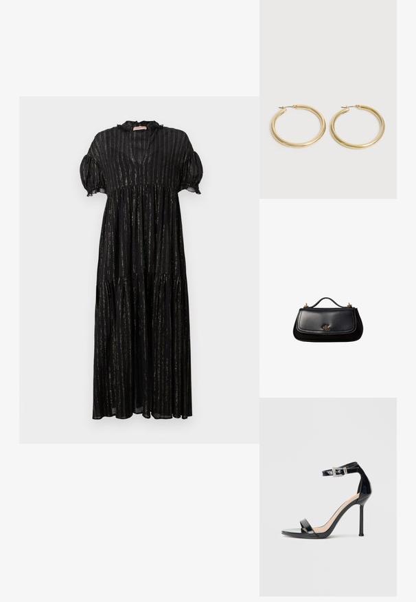 Robe noire avec des manches bouffantes courtes, un col en V et un design à volants. Présente des rayures verticales dorées et des accents en dentelle le long de l'encolure.; Sandale à talon haut en cuir verni noir avec bride à la cheville. Présente un design minimaliste, un bout ouvert et une boucle ornée de strass.; Sac à main en cuir noir avec une petite poignée, logo "cK" doré sur le rabat avant, et accessoires dorés.; Paire de boucles d'oreilles créoles en or lisse et brillant avec des tiges fines et des fermoirs à charnière sur un fond clair uni.