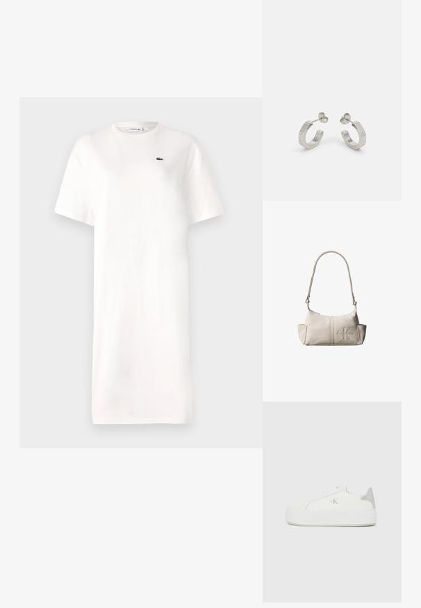 Vestido blanco de camiseta hecho de algodón, con cuello redondo, mangas cortas y un pequeño logo verde en el pecho. Silueta simple y recta.; Zapatillas de lona blancas con una suela blanca gruesa, presentan un acento metálico plateado en el talón y un sutil detalle del logo en el lateral.; Pequeña bolsa de hombro de cuero beige con correa ajustable y logotipo de Calvin Klein en relieve en el centro delantero.; Pendientes aros de metal plateado con un diseño texturizado, que cuentan con un pequeño respaldo de clip y una marca en uno de los aros. Forma redondeada con un acabado pulido.