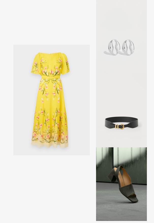 Robe midi jaune avec manches volantées, présentant un imprimé floral rose et vert et une taille ajustée.; Sandale à talon noir ouverte à l'avant avec un design élégant, présentant une surface légèrement texturée et un talon bloc angulaire. Doublure intérieure douce de couleur beige clair.; Paire de boucles d'oreilles anneaux argentés brillants avec un design torsadé et ondulé, présentée sur un fond clair uni.; Ceinture large en cuir noir avec boucle arrondie dorée et deux passants dorés, posée à plat sur un fond blanc.