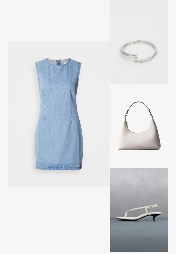 Denim kjole i lyseblå, ærmeløs design med rund halsudskæring og side sømdetaljer. Har en lige skæring og let tekstur.; Hvid sandal med stropper og kitten-hæl med spids tå, svævende over et trægulv udendørs med en sløret plante og væg i baggrunden.; Cremefarvet skuldertaske i læder fra Calvin Klein med buet topkant, sølvfarvet lynlås og mørkebrun justerbar rem.; Calvin Klein SPIRAL - Armbånd - silver-coloured