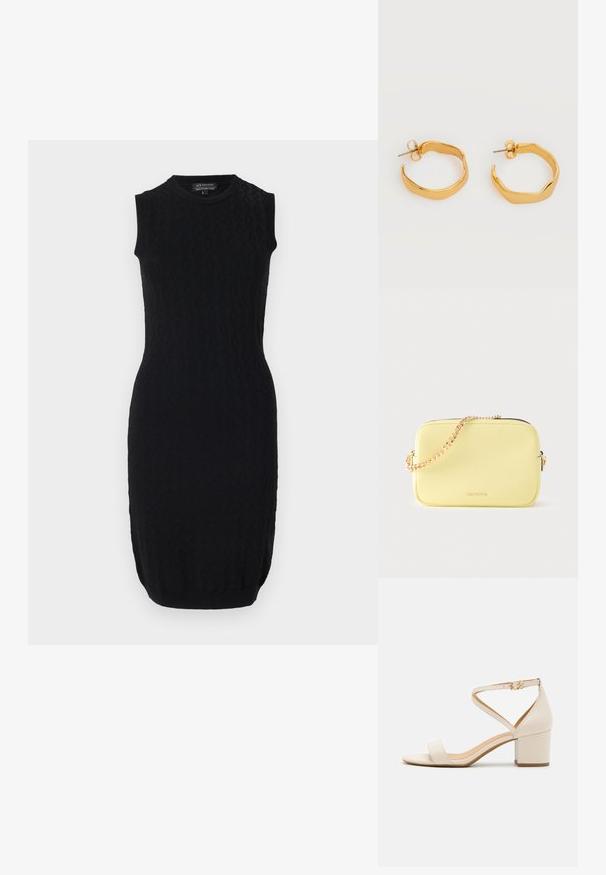 Robe sans manches noire avec une coupe ajustée, un motif texturé et un ourlet biseauté. Fabriquée en tissu tricoté extensible.; Sandales à talon bloc beiges présentant un design minimaliste, bout ouvert et une sangle de cheville ajustable avec une boucle dorée. Texture lisse.; Petit sac bandoulière rectangulaire en cuir jaune pâle avec chaîne dorée et logo Michael Kors sur le devant.; Paire de boucles d'oreilles créoles en or poli, de forme irrégulière, avec des attaches à puce, sur un fond blanc uni.