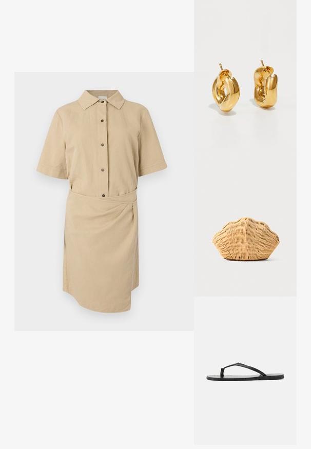Vestido corto de manga corta color caqui con cuello abotonado, botones en la parte delantera, cintura ceñida con cinturón y dobladillo asimétrico. Tejido de algodón suave.; Chancla negra con un diseño minimalista, que presenta tiras delgadas y una suela plana. El material parece plástico con una textura suave.; Bolso de mano de ratán tejido con forma de concha de vieira, de color marrón claro natural y bordes redondeados y texturizados.; Pendientes de aro grueso en oro con un diseño tubular ligeramente retorcido y cierre de presión, sobre un fondo blanco.