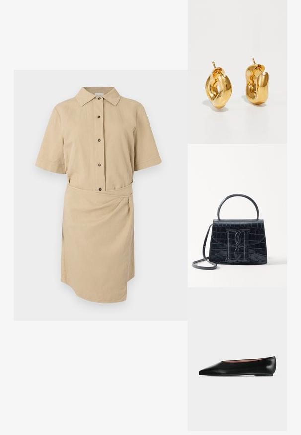 Vestido corto de manga corta color caqui con cuello abotonado, botones en la parte delantera, cintura ceñida con cinturón y dobladillo asimétrico. Tejido de algodón suave.; Zapato plano negro de cuero para mujer con punta puntiaguda y tacón bajo, mostrado de lado sobre un fondo liso gris claro.; Bolso de mano de cuero negro con estampado de cocodrilo, diseño estructurado, asa superior, correa ajustable y un destacado detalle del logotipo en la parte frontal.; Pendientes de aro grueso en oro con un diseño tubular ligeramente retorcido y cierre de presión, sobre un fondo blanco.
