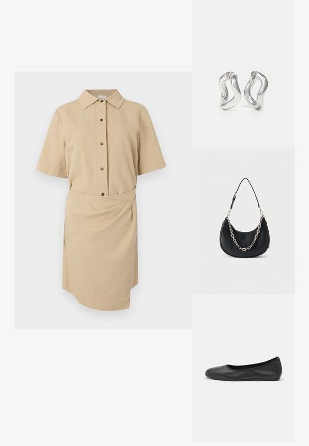 Vestido corto de manga corta color caqui con cuello abotonado, botones en la parte delantera, cintura ceñida con cinturón y dobladillo asimétrico. Tejido de algodón suave.; Bailarina de piel negra con punta redondeada, textura suave, detalle de costura minimalista y diseño de suela flexible.; Bolso en forma de media luna negro con patrón de logotipo en relieve, equipado con una cadena plateada y una correa de hombro de cuero ajustable.; Pendientes de aro plateados con un diseño retorcido. Bordes redondeados y acabado brillante. Cierres abiertos para un fácil uso. Textura suave en toda la superficie.