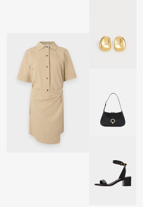 Vestido corto de manga corta color caqui con cuello abotonado, botones en la parte delantera, cintura ceñida con cinturón y dobladillo asimétrico. Tejido de algodón suave.; Sandalia negra de punta abierta con tacón ancho y correa en el tobillo con una pequeña hebilla dorada, vista de perfil sobre un fondo liso.; Bolso de cuero negro con una silueta curvada, correa corta, herrajes en tono dorado central y textura suave. Sin patrones ni acentos visibles.; Pendientes de studs en color dorado con una forma suave y redondeada y una superficie reflectante, que exhiben un diseño minimalista y sin patrones visibles.
