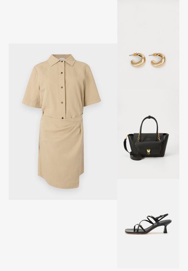 Khaki korte mouw jurk met een knoopsluiting, knopen aan de voorkant, een ceintuur in de taille en een asymmetrische zoom. Gladde katoenen stof.; Zwarte patenten leren sandalen met banden, een vierkante neus en een lage blokhak. Voorzien van goudkleurige hardware en verstelbare enkelsbandjes.; Zwarte leren handtas met dubbele handgrepen en een afneembare schouderband, voorzien van een voorvak dat is beveiligd met een gouden sluiting. Accenten van gouden hardware.; Twee glanzende gouden hoepel oorbellen in een gebogen ontwerp, met oranje accenten bij de oorpost, tegen een eenvoudige witte achtergrond.