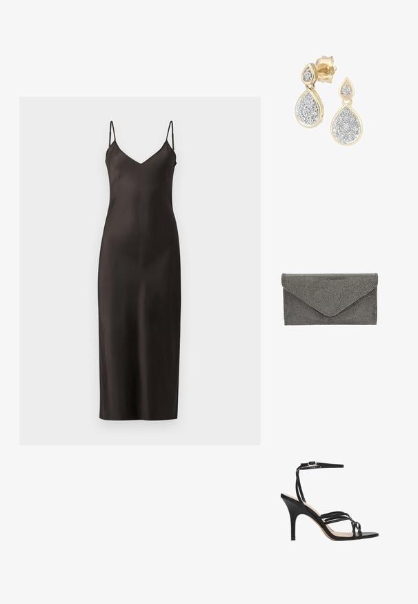 Zwarte satijnen slipdress met dunne verstelbare banden, een V-halslijn en een rechte, vloerlange silhouet. Glad textuur en minimalistisch ontwerp.; Zwarte sandalen met hoge hak en bandjes, met een slank ontwerp, voorzien van een dunne enkelband, open teen en een gladde afwerking op een taps toelopende hak.; Zwarte stoffen clutch met een getextureerd studpatroon en envelopsluiting, met een strakke rechthoekige vorm en zonder zichtbare hardware.; Druppelvormige oorbellen met een gouden frame en zilveren accenten, versierd met meerdere kleine, ronde sprankelende stenen in een decoratieve opstelling.