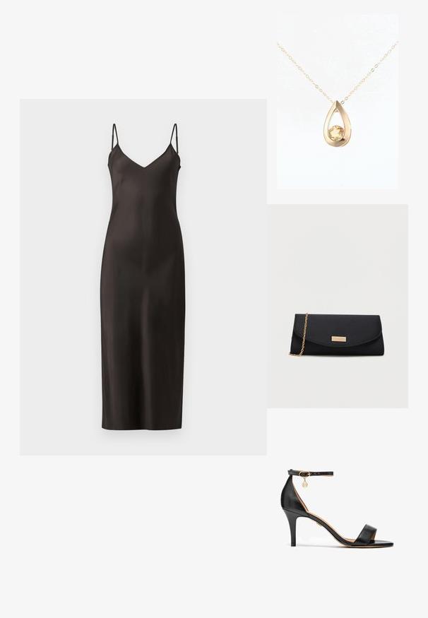 Robe longue en satin noir avec des bretelles fines et ajustables, décolleté en V et une silhouette droite. Texture lisse et design minimaliste.; Sandale à talon haut en cuir noir avec une seule sangle sur les orteils, sangle à la cheville, accessoires en or et un talon stiletto élancé.; Pochette noire avec une chaîne dorée et une petite plaque rectangulaire dorée sur le rabat avant.; DIAMANT L'ÉTERNEL Collier - gold coloured