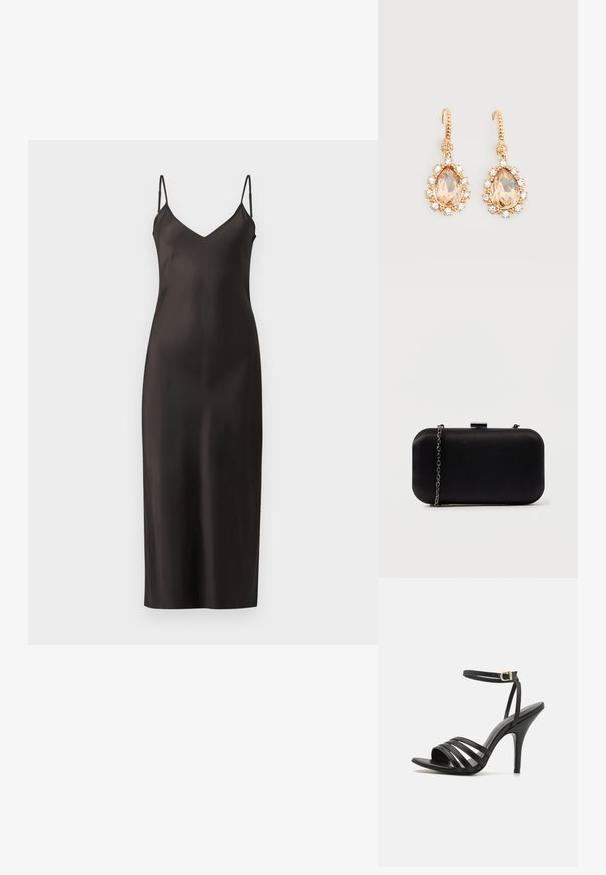Schwarzes Satin-Nachthemd mit dünnen verstellbaren Trägern, V-Ausschnitt und geradem, bodenlangem Schnitt. Glatte Textur und minimalistisches Design.; Schwarze, sandalenähnliche Hochzeitschuhe mit schmalem Knöchellenker, offener Zehenpartie und glatter Oberfläche. Verfügt über einen schlanken Absatz und ein strukturiertes Riemendesign.; Schwarze rechteckige Clutch aus glattem Material. Verfügt über einen abnehmbaren Kettenriemen und einen metallischen Verschluss oben. Einfaches Design mit abgerundeten Kanten.; Goldene Ohrhänger mit großen, birnentropfenförmigen Pfirsichsteinen, umgeben von kleinen, klaren Kristallen vor weißem Hintergrund.