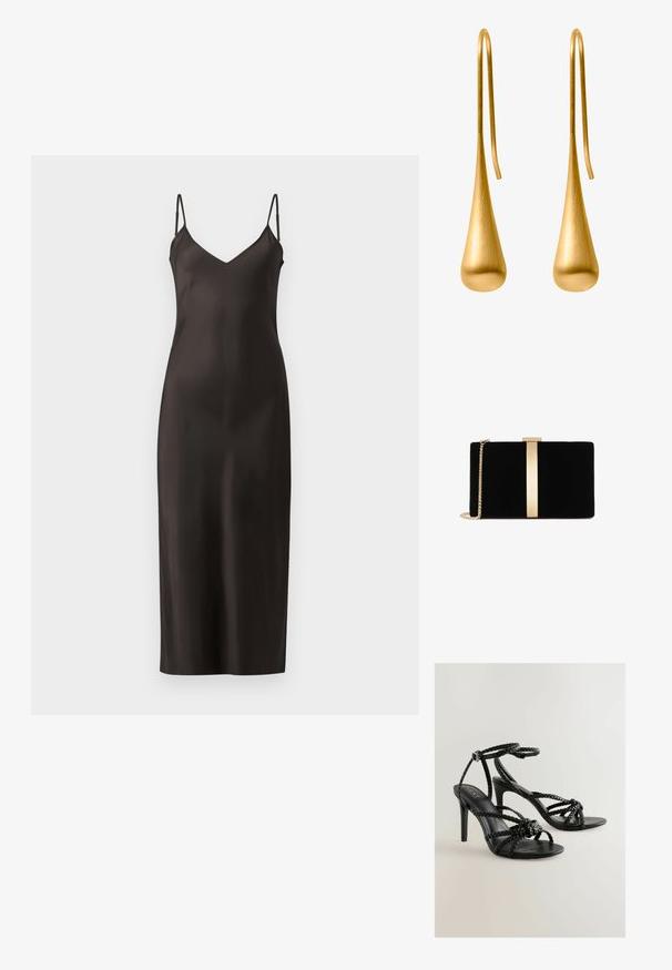 Robe longue en satin noir avec des bretelles fines et ajustables, décolleté en V et une silhouette droite. Texture lisse et design minimaliste.; Sandales noires à talons hauts avec des brides tressées, boucle à la cheville et texture lisse. Design à bout ouvert avec un talon aiguille fin.; Pochette en velours noir avec un accent en métal doré au centre, dotée d'une chaîne et d'une forme rectangulaire élégante.; Boucles d'oreilles pendantes en ton doré, présentant une forme de goutte allongée et épurée avec un fini brossé et des crochets en fil pour un port facile.