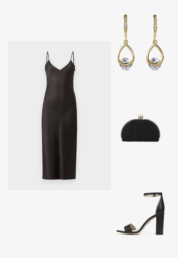 Zwarte satijnen slipdress met dunne verstelbare banden, een V-halslijn en een rechte, vloerlange silhouet. Glad textuur en minimalistisch ontwerp.; Zwarte high-heeled sandaal met een brede band over de tenen, een enkelbandje en een chunky, vierkante hak. Gemaakt van glad leer en met een minimalistisch ontwerp.; Zwarte avondclutch met gestructureerde stof, omlijst door een rij kleine parels en een grote parelsluiting bovenop.; Gouden druppeloorbellen met ronde, heldere edelstenen aan de basis. Gelaagd bovenstuk met kleine, ronde accenten langs de ring.