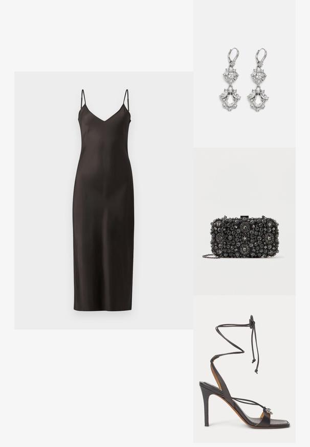 Robe longue en satin noir avec des bretelles fines et ajustables, décolleté en V et une silhouette droite. Texture lisse et design minimaliste.; Sandale noire à talon haut avec fines lanières enveloppant la cheville, bout ouvert et anneaux décoratifs argentés sur la bride avant, sur fond blanc.; Pochette noire ornée de rhinestones ronds et ovales de différentes tailles, avec une chaîne en argent et un fermoir.; Boucles d'oreilles en métal argenté ornées de plusieurs pierres précieuses en cristal transparent en forme de goutte et de marquise, avec des fermoirs à levier et des détails complexes.
