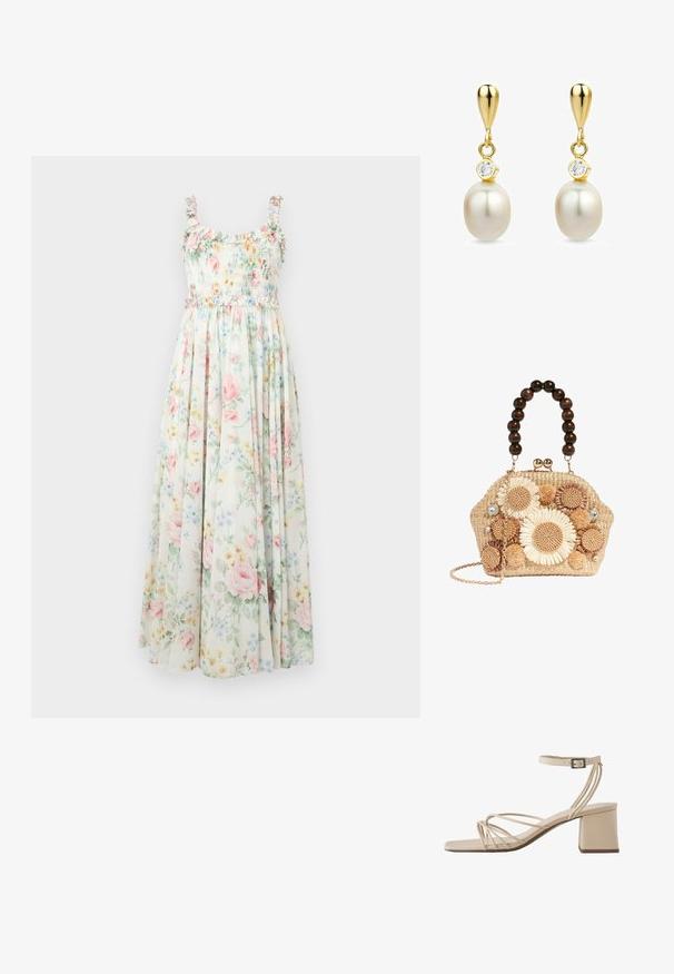 Blomstrete maxikjole med smocket liv, frynset skulderstropper og pastellroser og blå blomstermønstre på en lys baggrund.; Beige åben tå-sandal med tynde krydstraps, ankelenrem med spænde og blokhæl.; Vævet stråhåndtaske med stor mørk træperlehåndtag, blomstrede hæklet dekorationer, pomponer, rhinsten og en guldkæde.; Guld dråbe øreringe med hvide perler og små klare ædelsten over hver perle, vist på en hvid baggrund.