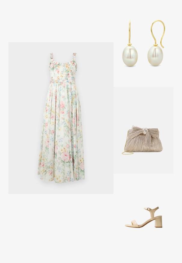 Blomstrete maxikjole med smocket liv, frynset skulderstropper og pastellroser og blå blomstermønstre på en lys baggrund.; Beige sandal med åben tå, blokhæl og ankelrem med en lille guldlukning.; Metallic guld clutch taske med plisseret stof, der har en sløjfedetalje øverst og en gylden kædetras for alsidighed og nem bæring.; Guld hængeøreringe, hver med en stor hvid oval perle med glatte, reflekterende overflader på en hvid baggrund.