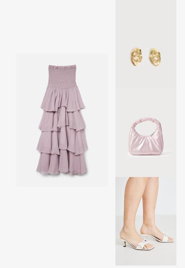 Lavendelkleurige strapless jurk met een geplooide lijfje en meerdere gelaagde ruches op een vloeiende rok.; Witte muiltjes met hoge hakken, vierkante neus en strikaccent. Gemaakt van soepel leer met een lage stilettohak en contrasterende zwarte zool.; Roze, gevoerde handtas met een afgeronde vorm, gemaakt van glanzend materiaal. Beschikt over een geplooide handgreep en een ritssluiting voor veilige toegang.; Een paar glanzende, onregelmatig gevormde gouden metalen oorbellen met een gekreukeld, glad oppervlak op een effen lichte achtergrond.