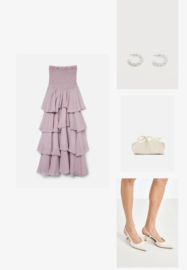 Lavendelkleurige strapless jurk met een geplooide lijfje en meerdere gelaagde ruches op een vloeiende rok.; Beige gepatineerde leren slingback hakken met een spitze neus en een hak van 5 cm, met uitsparingen aan de zijkanten en een dunne enkelband.; Zachte, crèmekleurige leren clutch met geplooid, gerimpeld ontwerp en een dunne schouderriem die vooraan op een effen achtergrond ligt.; Zilveren oorringen met open ronde vorm, bezet met heldere gefacetteerde kristallen, met postbevestigingen en transparante oorstoppers op een witte achtergrond.