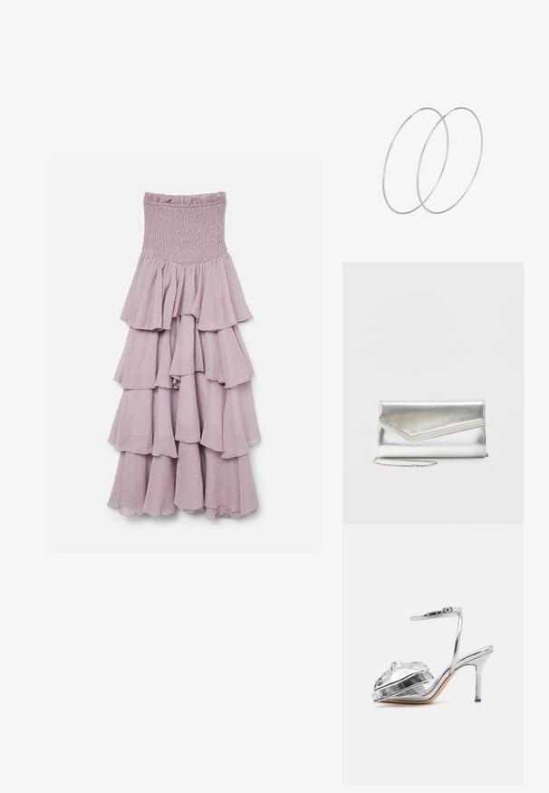 Lavendelfarbenes trägerloses Kleid mit gerafftem Oberteil und mehreren gestuften Rüschen auf einem fließenden Rock.; Loeffler Randall MARLENA - High Heel Sandalette - silver; Glänzende silberne Clutch mit Umschlagklappe und dekorativem Besatz, kleiner silberner Kettenriemen, auf einfachem hellem Hintergrund.; Silberne Creolen mit minimalistischem Design. Rundform, glatte Oberfläche und dünnes Profil. Leichtgewichtig mit hochglänzender Oberfläche.