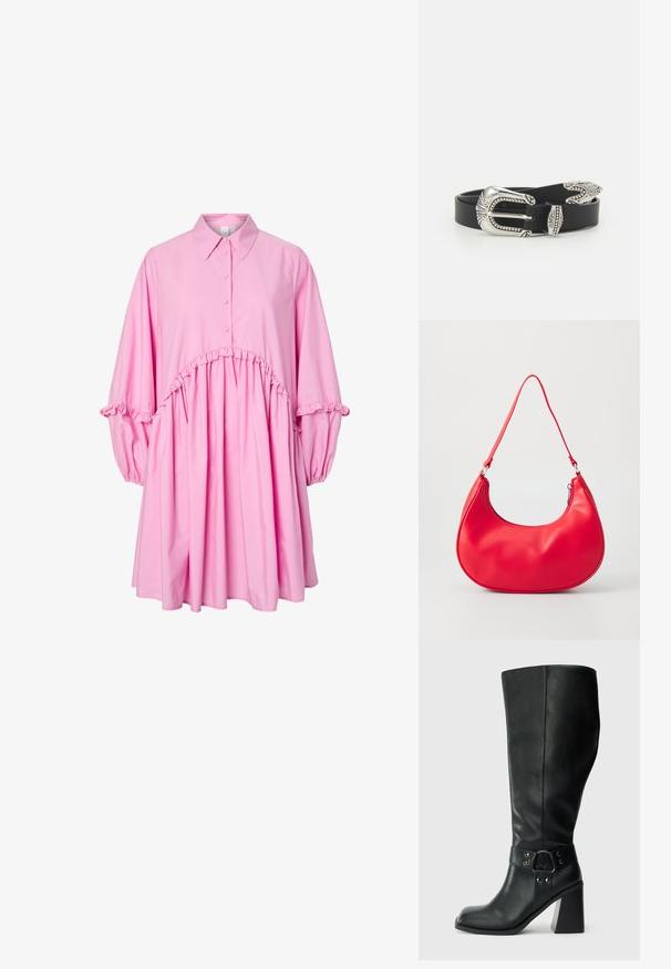 Vestido largo de manga larga rosa con cuello, botón en la parte delantera, cintura fruncida y detalles de volantes en las mangas y la cintura.; Botas de cuero negro hasta la rodilla con puntera cuadrada, tacón ancho y una correa decorativa con acentos metálicos alrededor del tobillo. Textura suave.; Bolso de hombro de piel sintética roja con forma curvada, correa delgada y cierre de cremallera. Textura suave con detalles de costura visibles.; Cinturón de cuero negro con una gran hebilla de metal plata que presenta un detallado intrincado y acentos decorativos en ambos extremos.