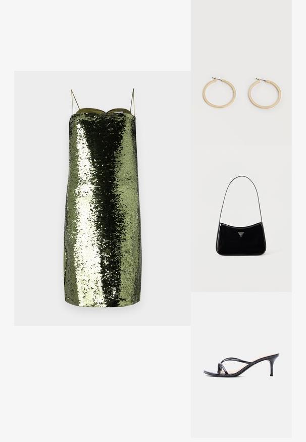 Grünes Paillettenkleid mit geradem Schnitt, dünnen verstellbaren Trägern, einem reflektierenden Material und einer schlanken Silhouette.; Schwarze Peeptoe-Sandale aus Lackleder mit dünnen, gekreuzten Riemen und einem schlanken, mittelhohen Stilettoabsatz vor weißem Hintergrund.; Schwarze Schultertasche aus Lackleder mit schmalem Riemen, dreieckigem Guess-Logo vorne und einem Reißverschluss oben.; Paar mittelgroße, glatte Creolen in Goldton mit Scharnier-Verschlüssen auf einem einfarbigen hellen Hintergrund.