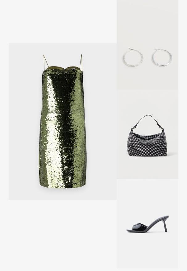 Grünes Paillettenkleid mit geradem Schnitt, dünnen verstellbaren Trägern, einem reflektierenden Material und einer schlanken Silhouette.; Schwarze Sandalen mit Absatz aus Lackleder, offenem Zehenbereich, mit geschwungenem Obermaterial und spitz zulaufendem Stilettoabsatz. Glatte, glänzende Oberfläche.; Schwarze und silberne Handtasche mit einer gewobenen, strukturierten Oberfläche, die quadratische Muster aufweist, einem einzelnen oberen Griff und einem lässigen Design.; Silberne Metallcreolen mit glatter, leicht gebogener Oberfläche und Klappverschluss vor schlicht weißem Hintergrund.