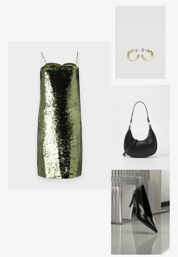Grünes Paillettenkleid mit geradem Schnitt, dünnen verstellbaren Trägern, einem reflektierenden Material und einer schlanken Silhouette.; Schwarzer High-Heel-Schuh mit spitzer Zehe und goldem Logo, auf einer reflektierenden Oberfläche nahe einem verchromten Draht-Organizer mit Dokumenten positioniert.; Schwarze Lederhandtasche mit geschwungener Form, ausgestattet mit einem oberen Reißverschluss, einem kurzen Griff und einem abnehmbaren Schulterriemen. Goldene Hardware-Akzente.; Goldfarbene Metall-Ohrringe in Form von Ringen mit einer glatten, glänzenden Oberfläche und einem teilweise kreisförmigen Design. Mit silberfarbenen Stegen und Verschlüssen gesichert.