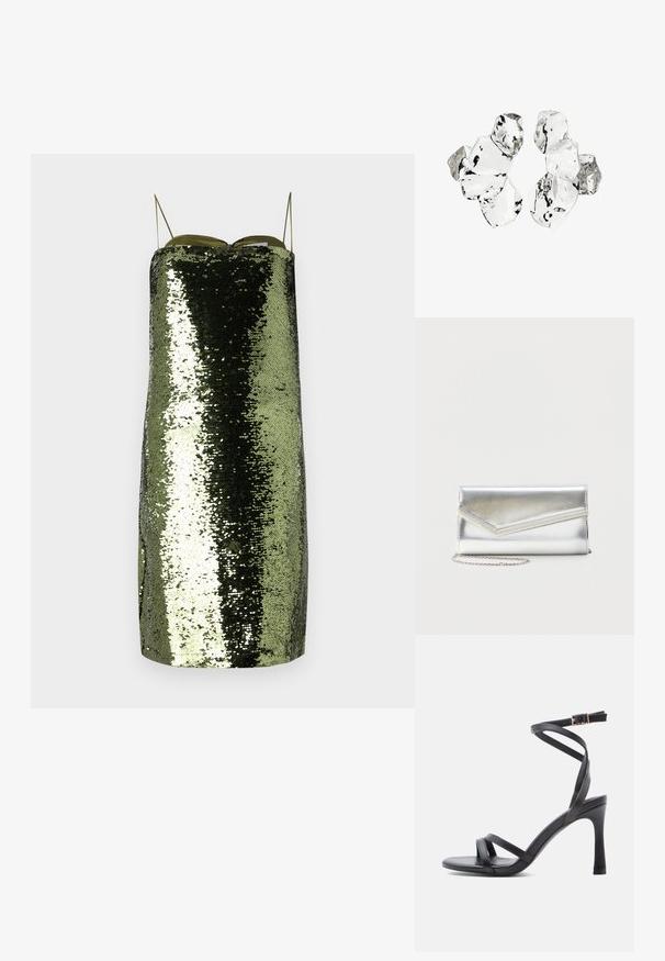 Vestido verde de lentejuelas con corte recto, tirantes delgados ajustables, que presenta una textura reflectante y una silueta ajustada.; Sandalias negras de tacón alto con un diseño elegante, que cuentan con dos tiras estrechas sobre los dedos y una correa cruzada en el tobillo con hebilla.; Bolso clutch plateado brillante con solapa de estilo sobre y adorno decorativo, pequeña correa de cadena plateada, sobre fondo liso claro.; Conjunto de seis piezas de forma irregular, translúcidas y reflectantes, similares al vidrio, dispuestas sobre un fondo blanco.