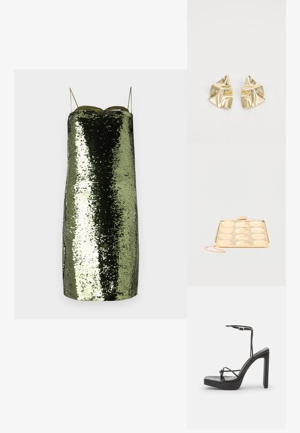 Grøn palietkjole med lige snit, tynde justerbare stropper, der har en reflekterende tekstur og en slank silhuet.; DeeZee Højhælede sandaletter / Højhælede sandaler - black; Guld clutchtaske med afrundet rektangulært præg mønster og en lille kæde som strop på ensfarvet baggrund.; Guldmetalløreringe med et bølget design; glat, reflekterende overflade; asymmetrisk form; ingen synlige mønstre eller hardware.
