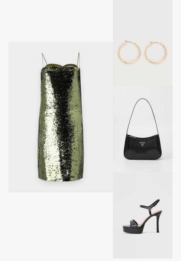 Robe à paillettes vertes avec une coupe droite, fines bretelles ajustables, présentant une texture réfléchissante et une silhouette élancée.; Sandales à plateforme noires avec un talon haut stilettos, dotées d'une tige en cuir lisse, d'un bout ouvert et d'une bride de cheville ajustable avec ferrures.; Sac à épaule en cuir verni noir avec une forme incurvée, présentant un logo triangle en argent et une fermeture éclair. Texture lisse et bandoulière fine.; Paire de boucles d'oreilles créoles texturées en ton or avec tiges fines sur fond blanc.