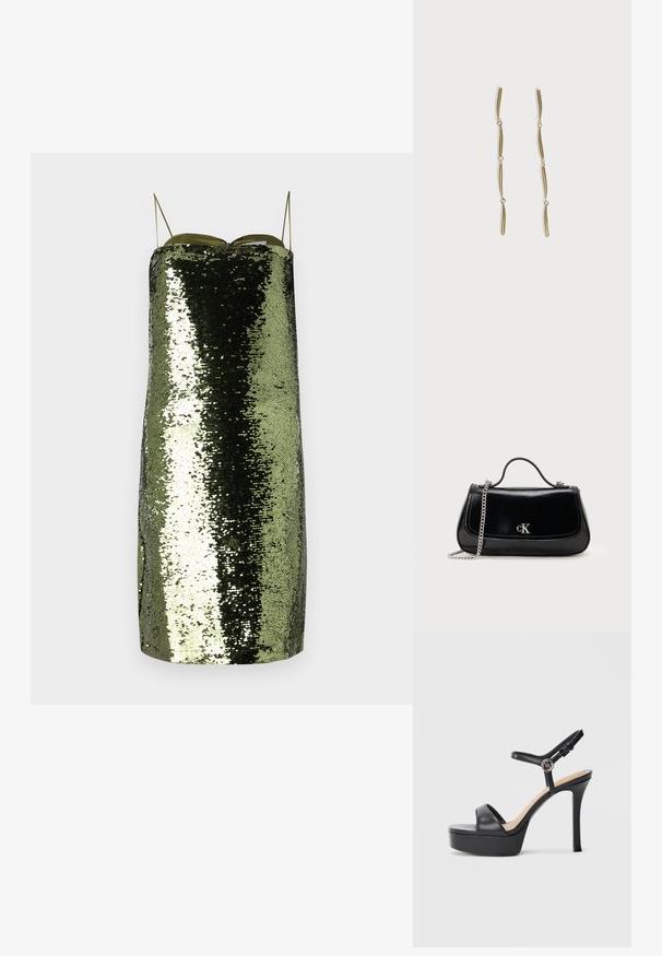 Robe à paillettes vertes avec une coupe droite, fines bretelles ajustables, présentant une texture réfléchissante et une silhouette élancée.; Sandales à plateforme noires avec un talon haut stilettos, dotées d'une tige en cuir lisse, d'un bout ouvert et d'une bride de cheville ajustable avec ferrures.; Sac à main en cuir noir avec une chaîne en bandoulière, forme structurée et accent logo argenté. Texture lisse avec un rabat.; Longues boucles d'oreilles en or composées de quatre barres incurvées allongées reliées entre elles sur fond blanc.
