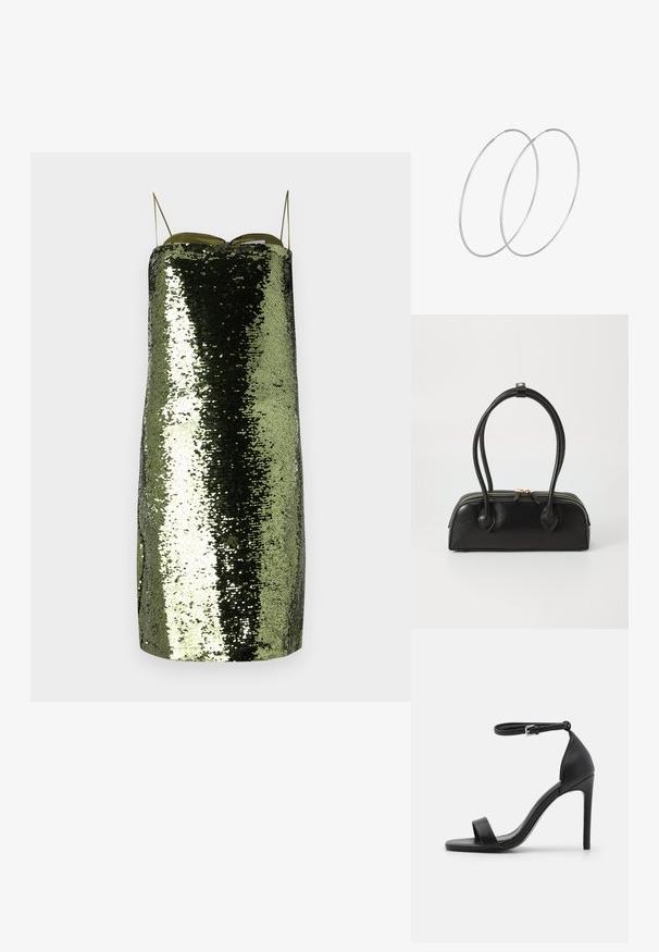 Groene sequin jurk met een rechte snit, dunne verstelbare bandjes, gekenmerkt door een reflecterende textuur en een slanke silhouet.; Zwarte sandalen met hoge hakken, met een slank ontwerp, voorzien van een enkelbandje, open teen en een gladde leren textuur.; Zwarte leren handtas met twee verlengde handvatten, ritsluiting en ronde vorm; gladde textuur met subtiele glanzende afwerking.; Zilveren hoepel oorbellen met een minimalistisch ontwerp. Cirkelvormig, gladde textuur en dun profiel. Lichtgewicht met een gepolijste afwerking.
